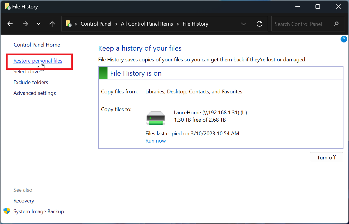 Click the Restore personal files link