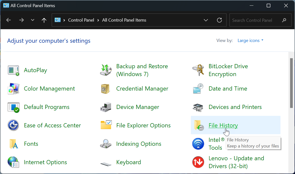 Click the applet for File History
