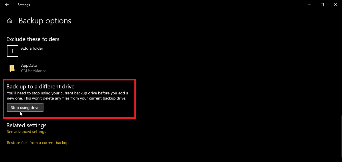 Change your backup destination