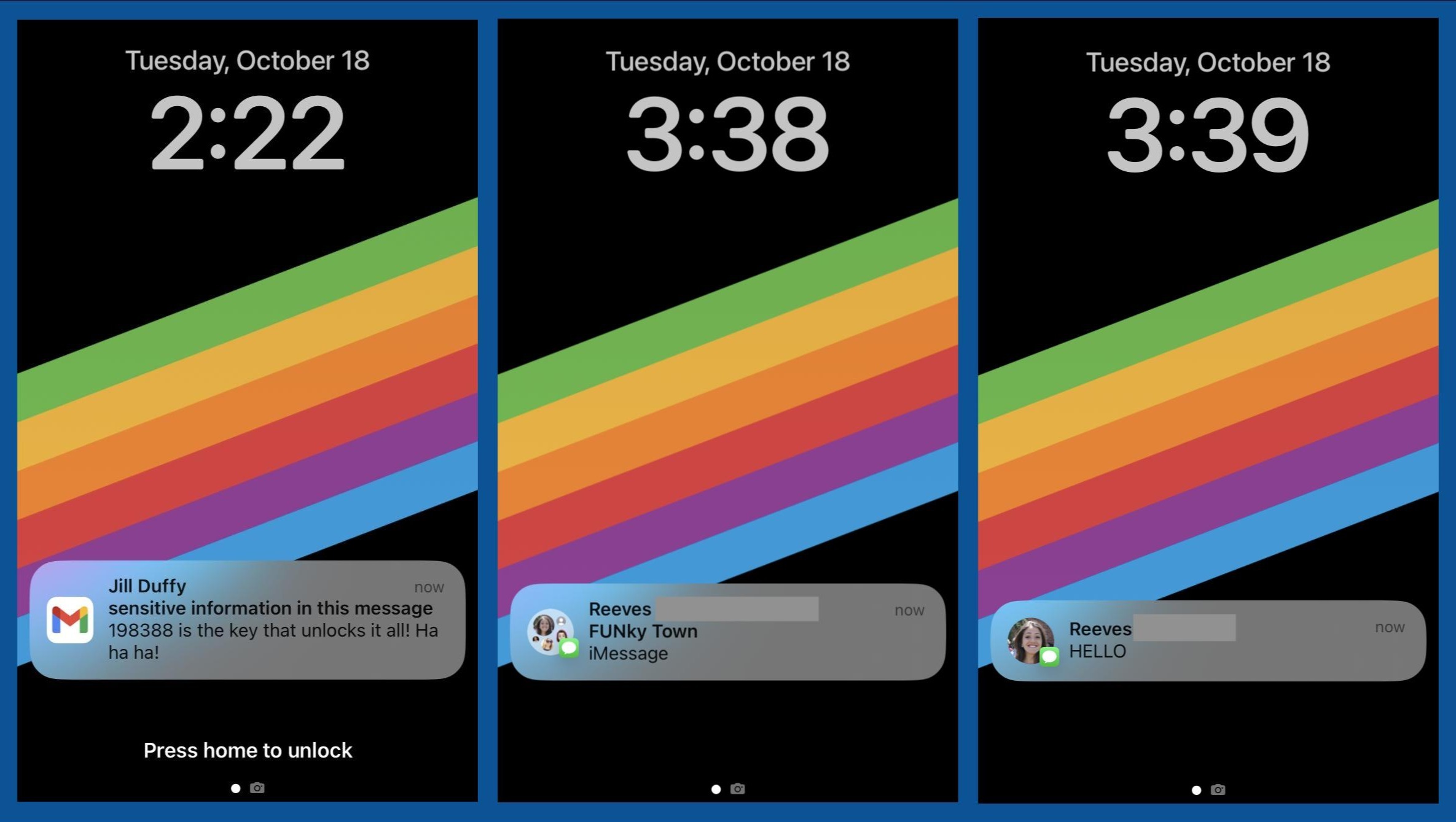 Three screenshots of an iPhone lock screen: the first showing an email notification with a (faked) security code; the second showing an incoming text message with the message contents hidden; the third showing an incoming text message with the message contents shown