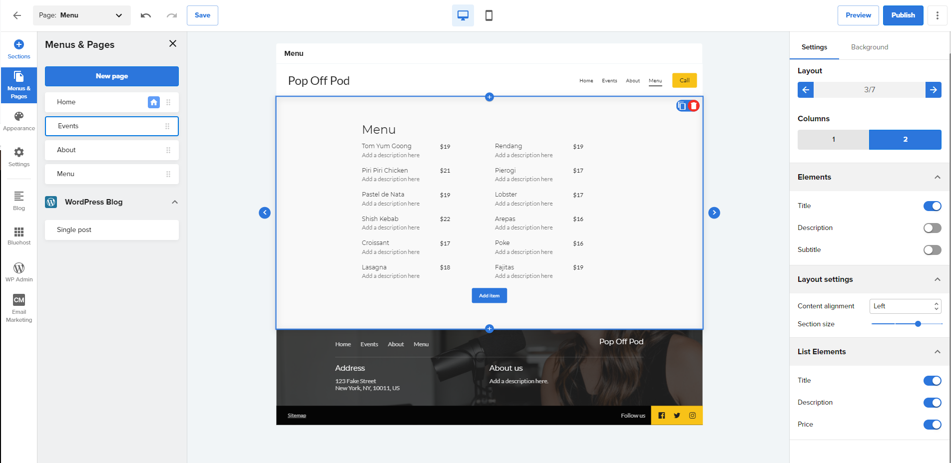 Bluehost website builder menus