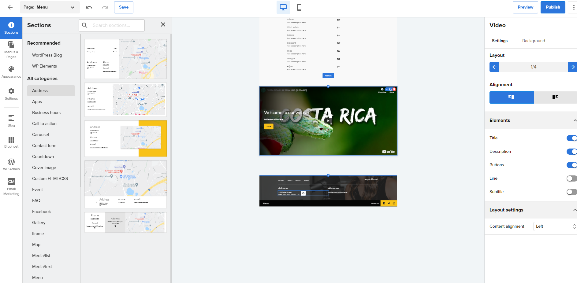 Bluehost website builder sections
