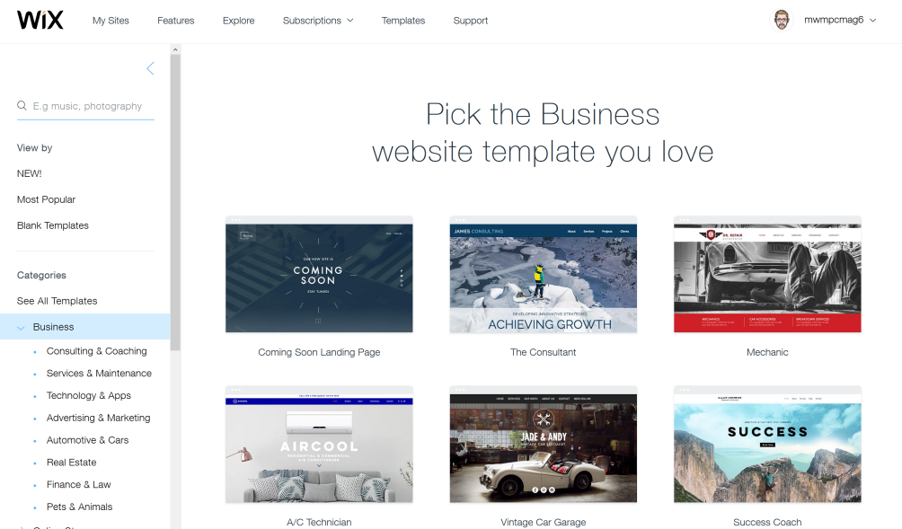 Wix template gallery