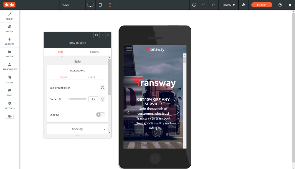 Duda mobile design settings