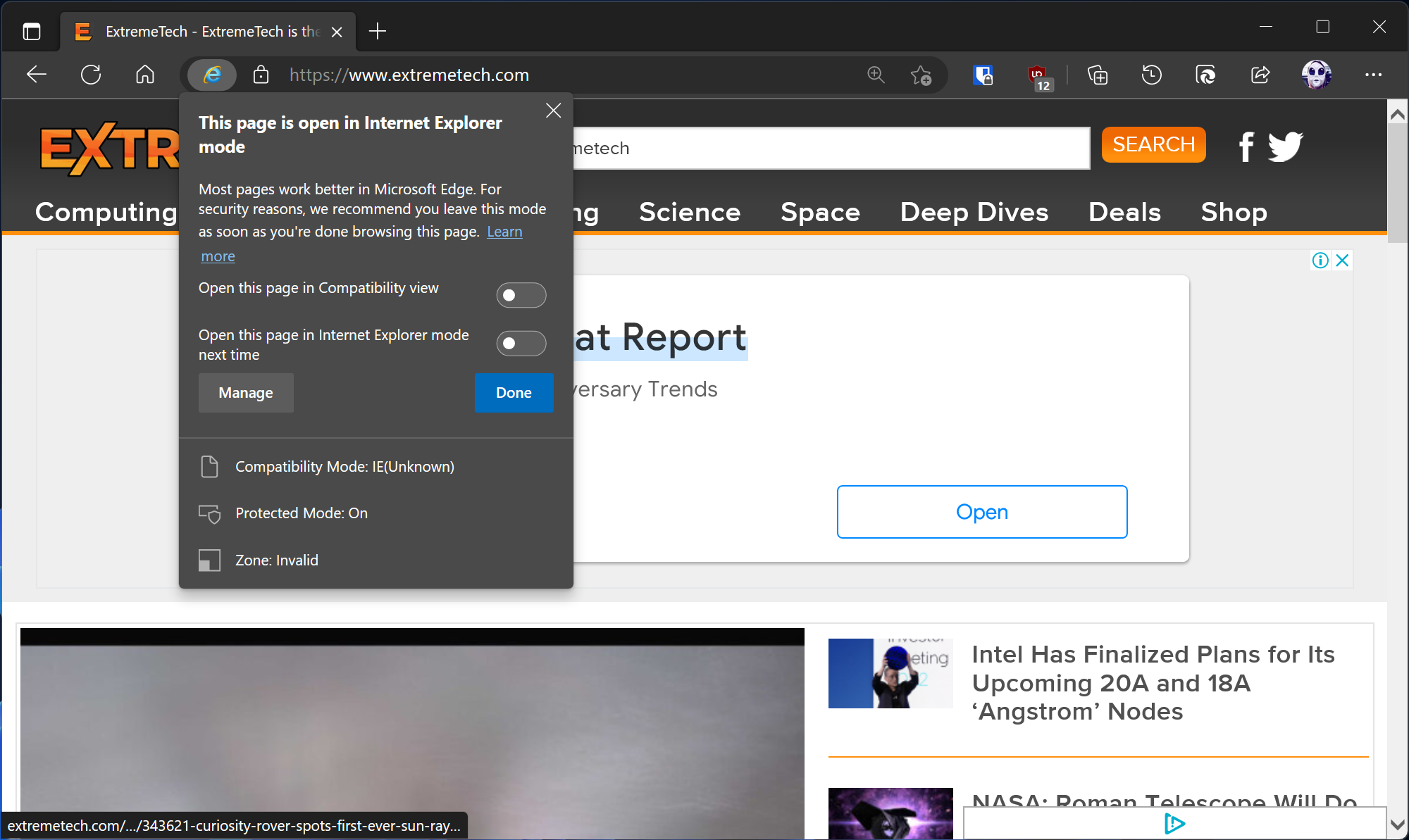 Internet Explorer mode first appearance in Windows 11