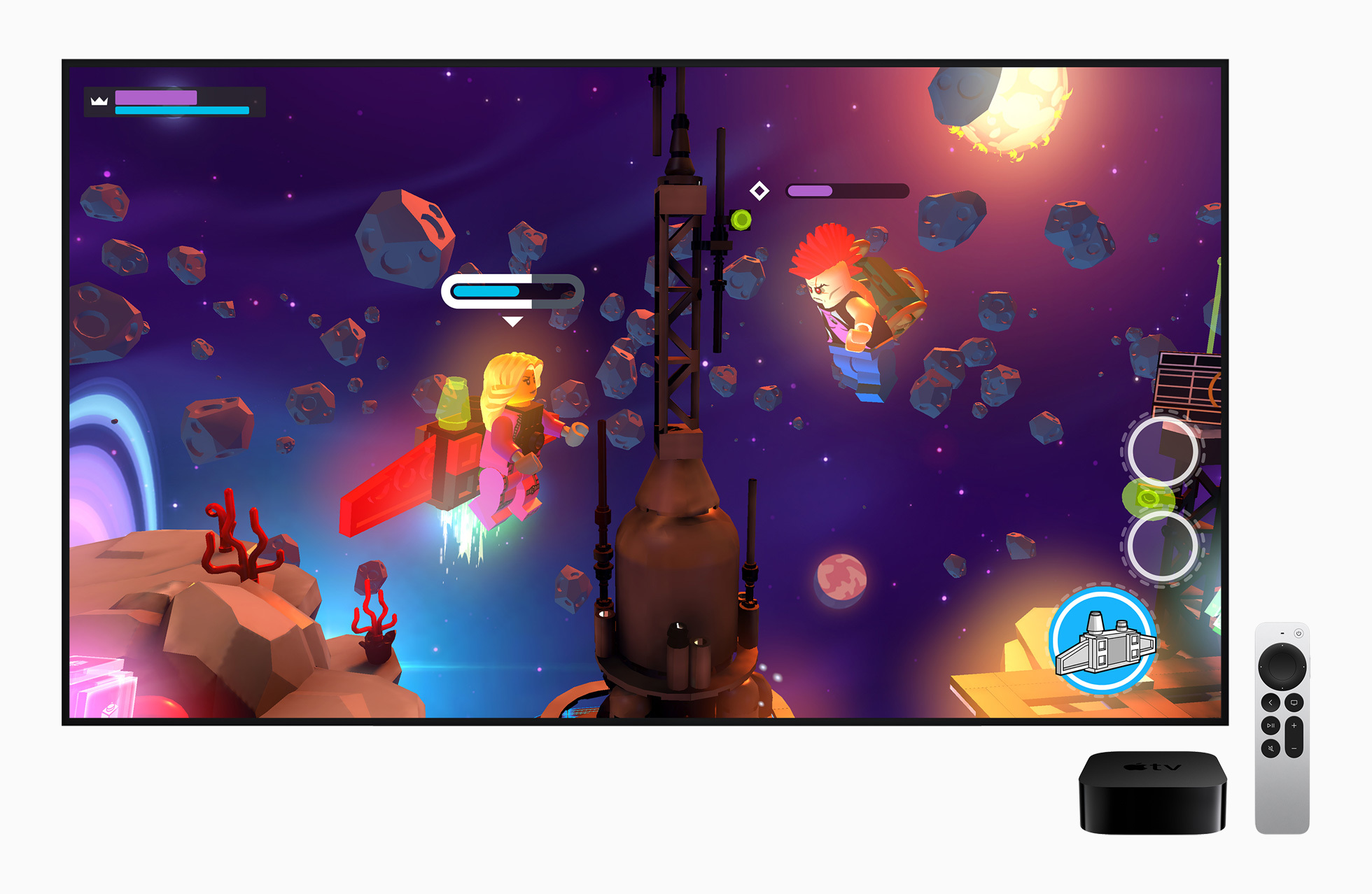 Apple TV 4K and remote in front a TV displaying a mobile game