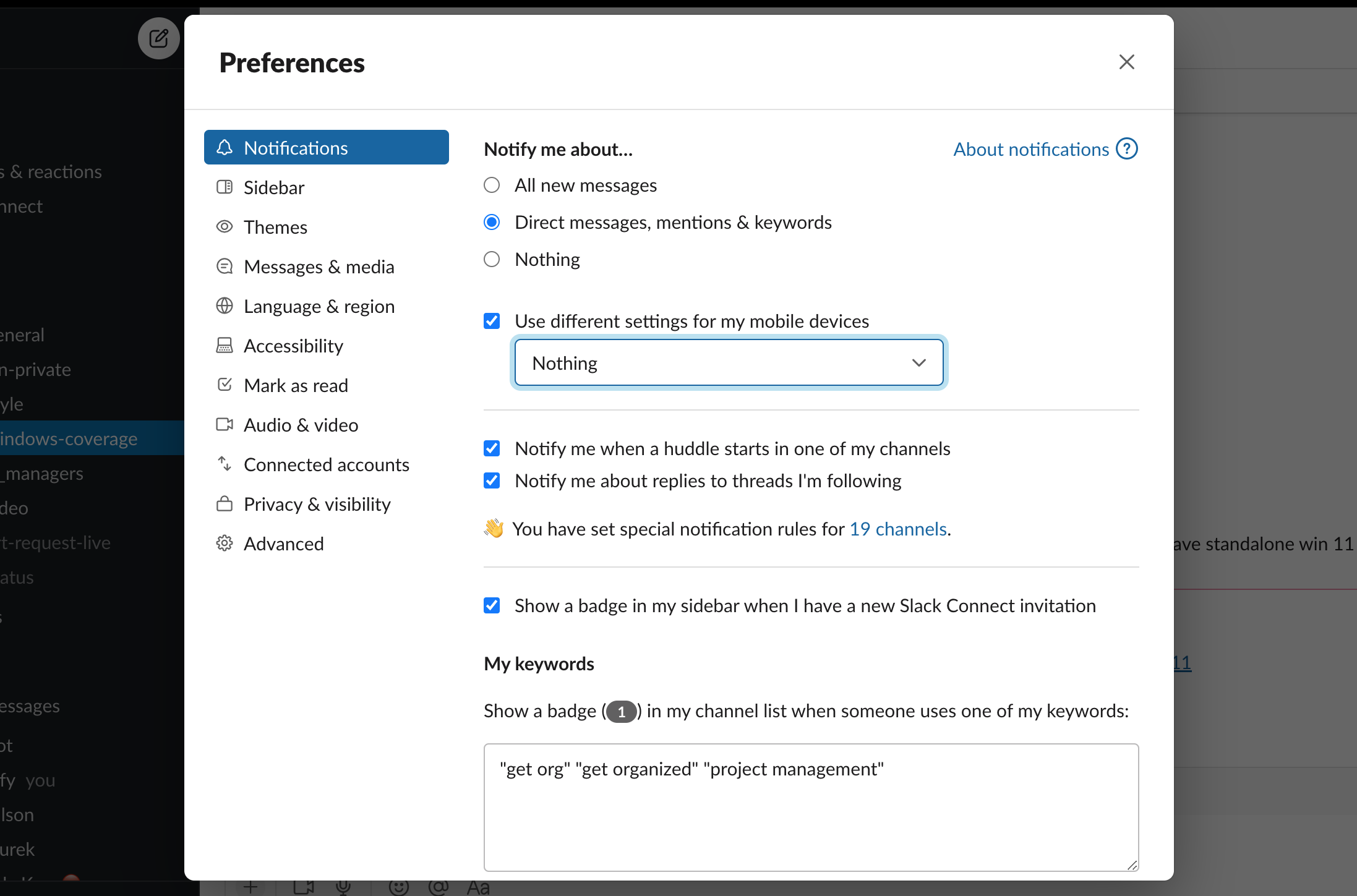 Slack notifications panel with customization options