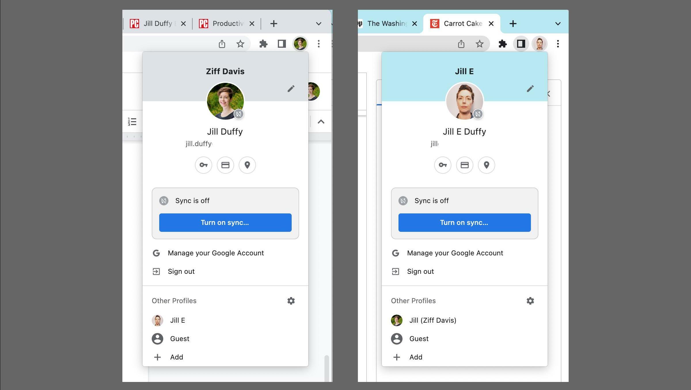 Side-by-side view of two Google Chrome profiles, which can be open at the same time in two different windows
