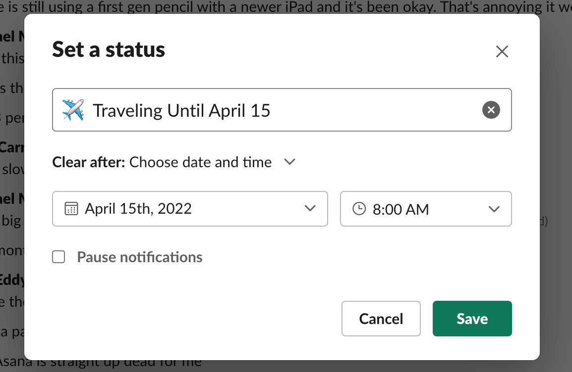 Slack status, with an out of office reminder and airplane icon