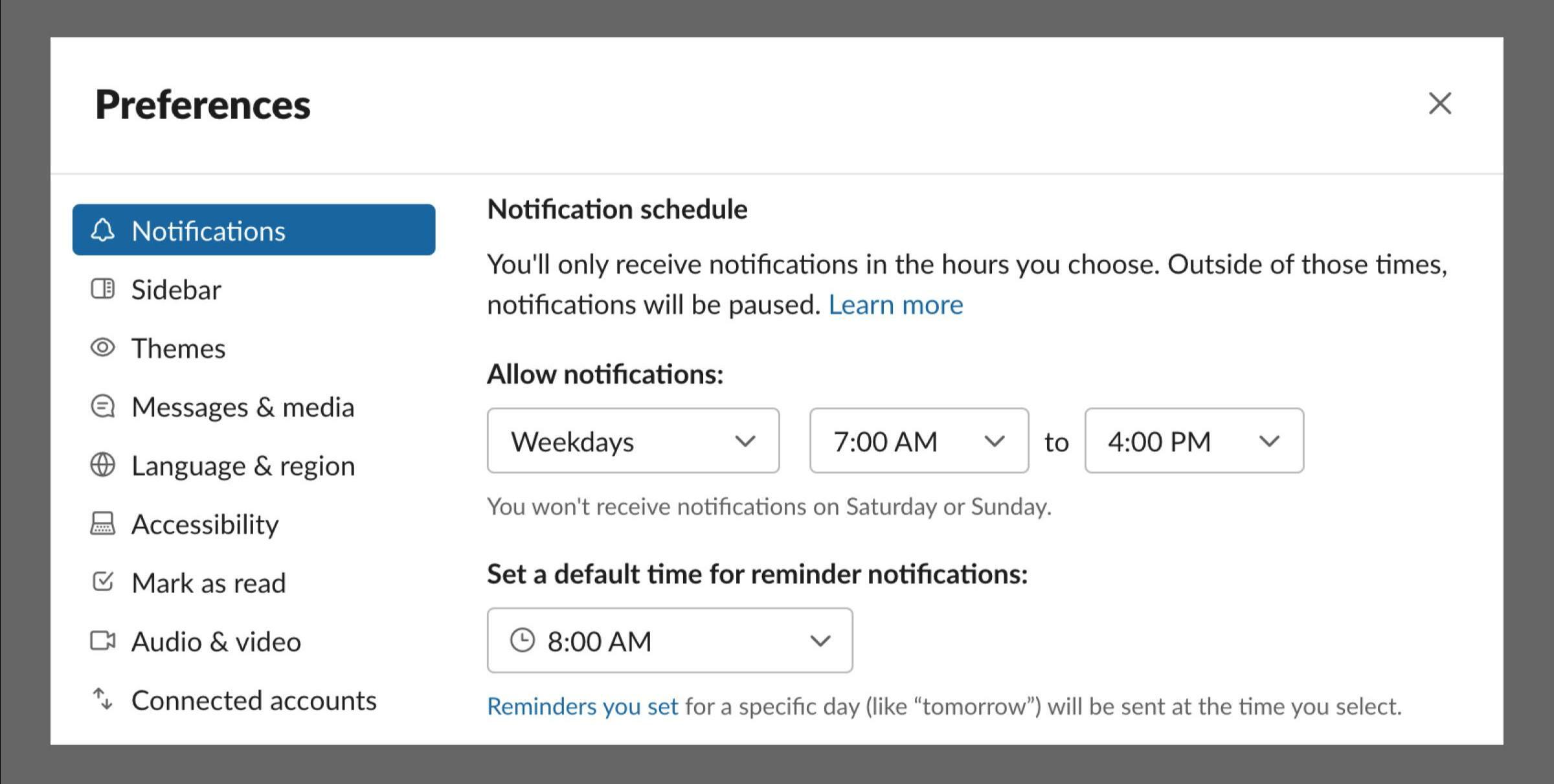 Slack notification options in the preferences panel for automatically silencing notifications during certain times of day