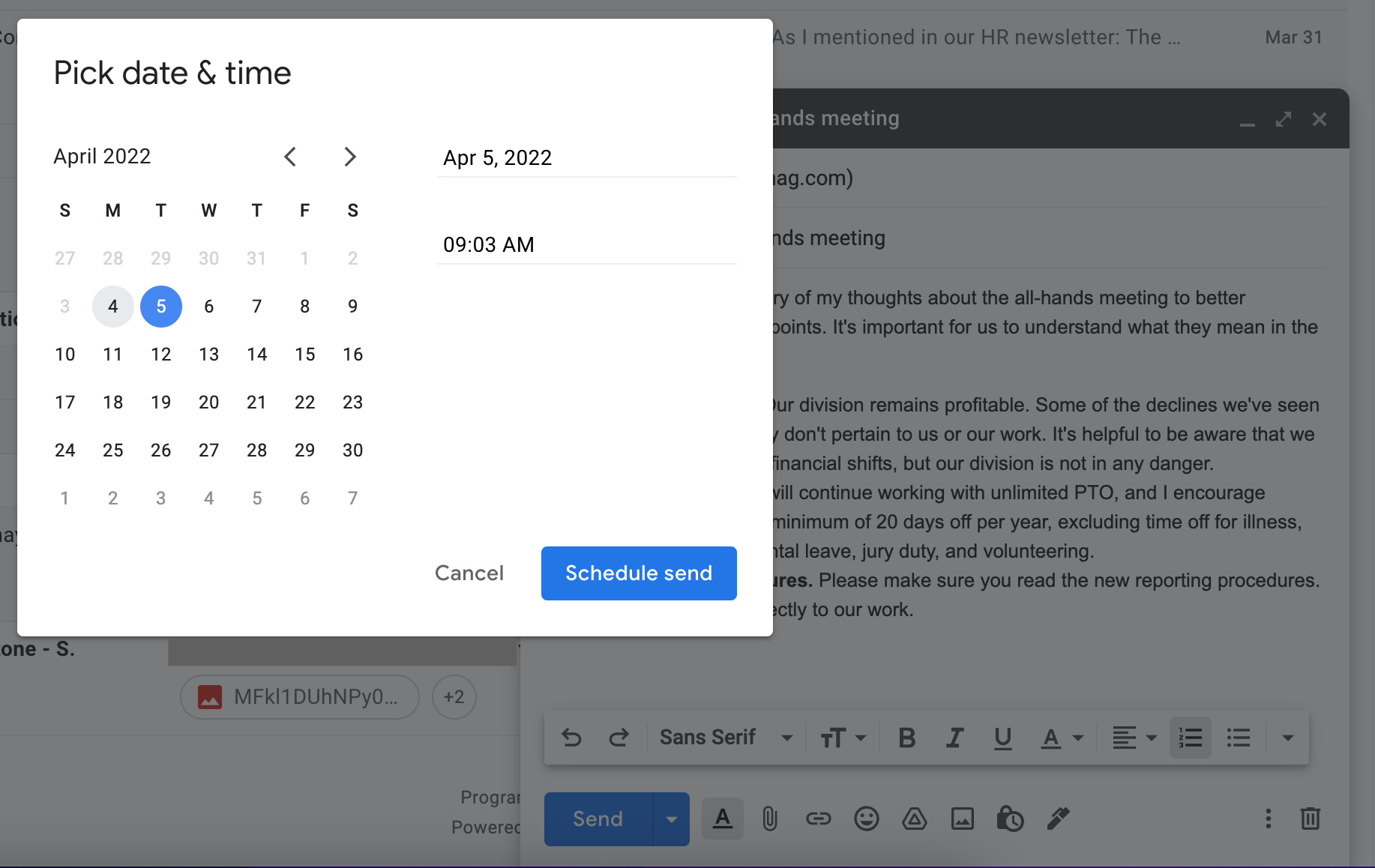 Gmail's Schedule Send feature with a calendar view for picking the date and time to send an email