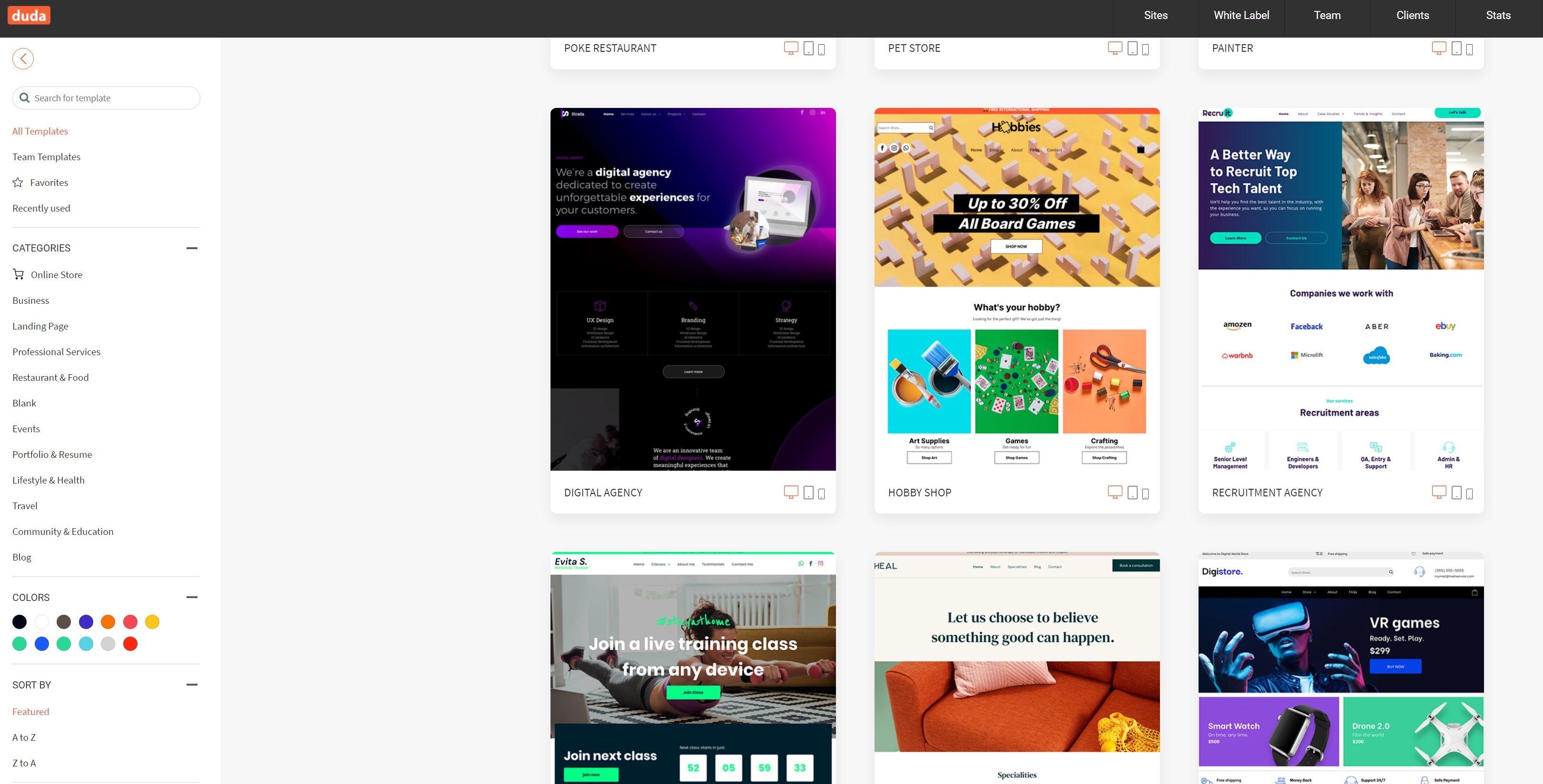 Browsing through Duda's templates