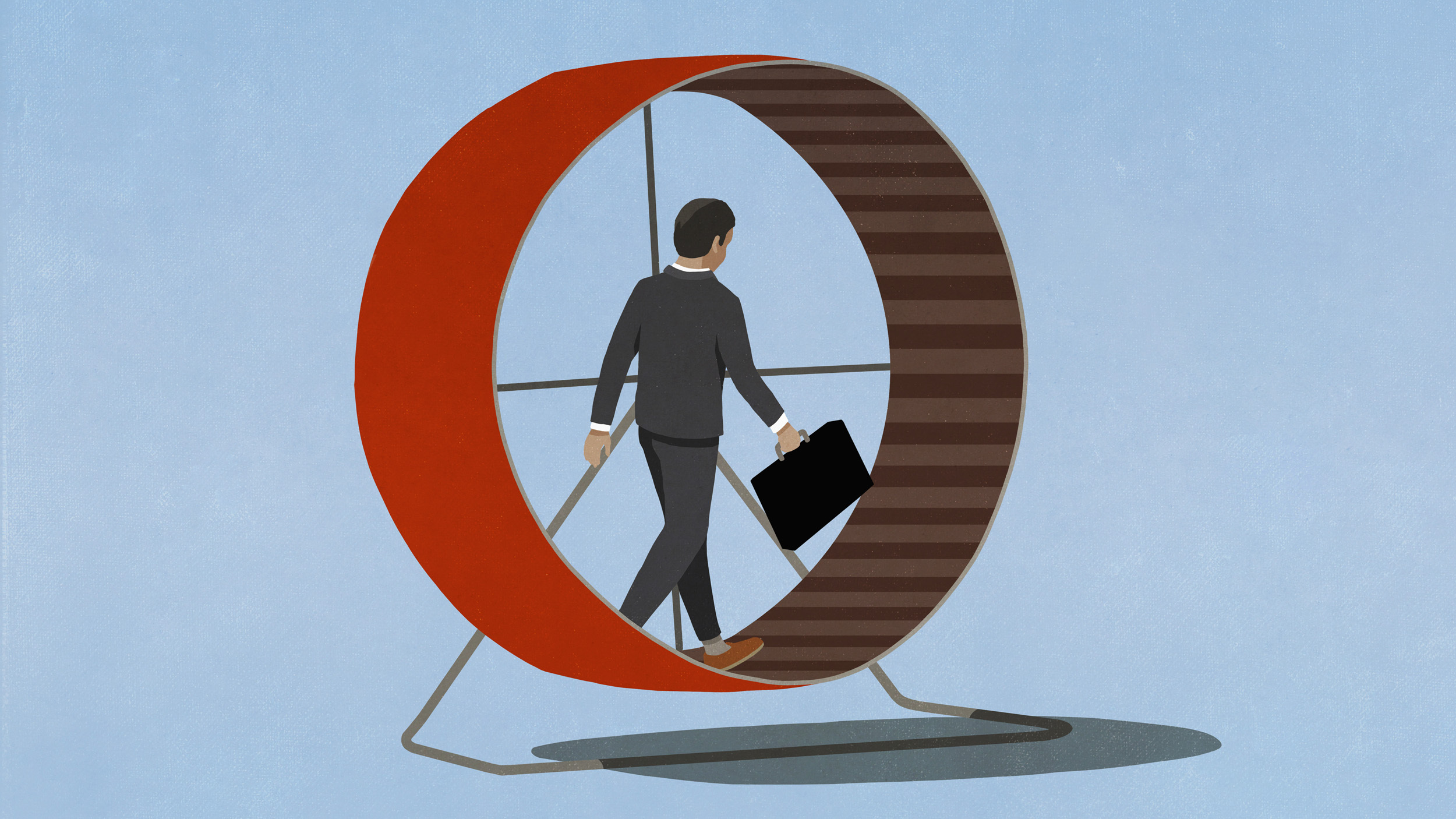 Businessman with briefcase walking in hamster wheel - stock illustration