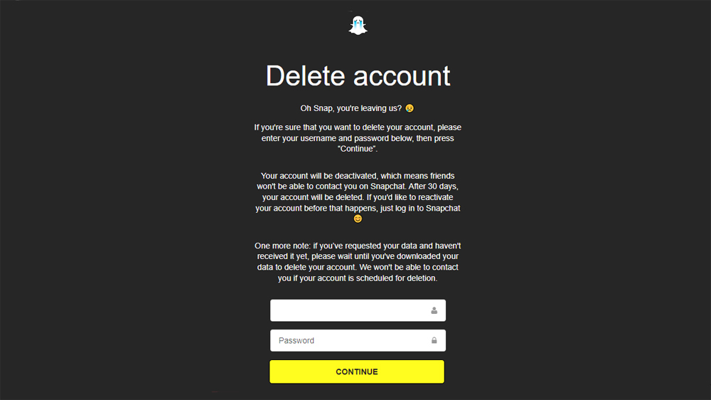Delete account screen from Snapchat where you enter your password to delete
