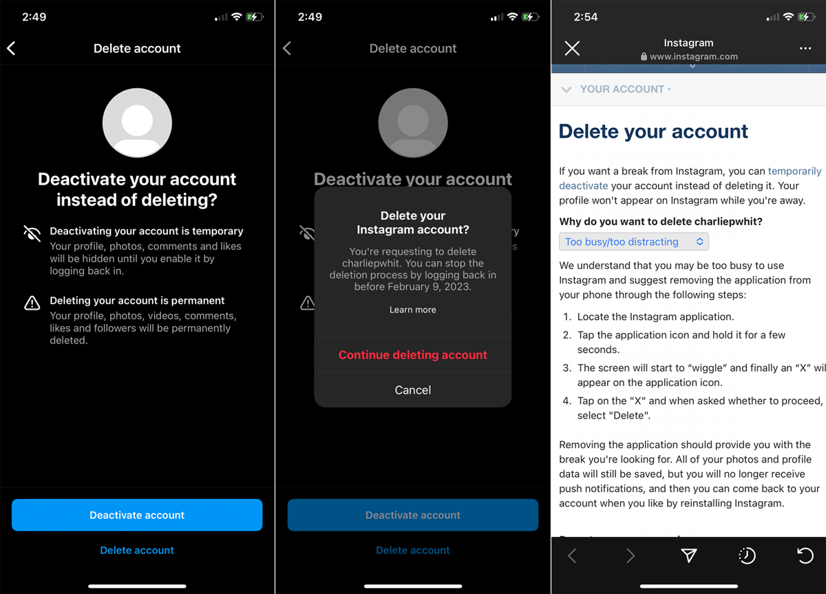 Delete Instagram Using the mobile app