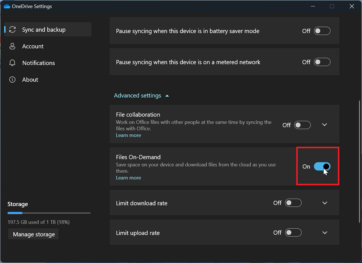 Turn on the switch for Files-On-Demand