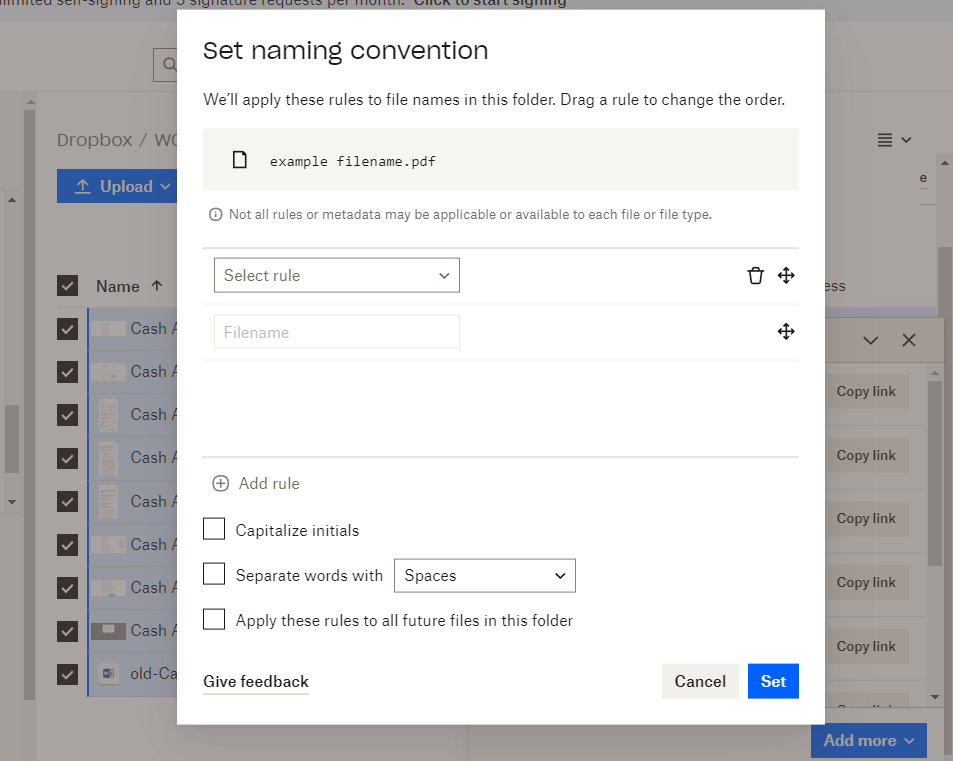 The automated file renaming tool in Dropbox