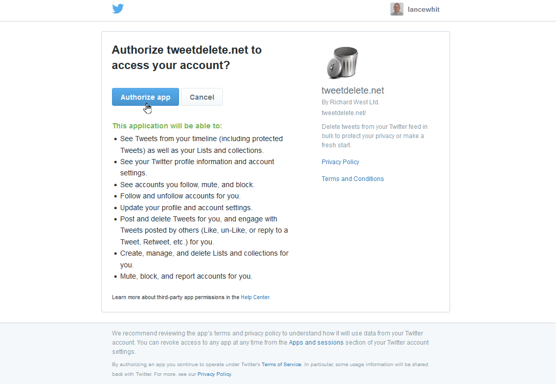 Authorize TweetDelete