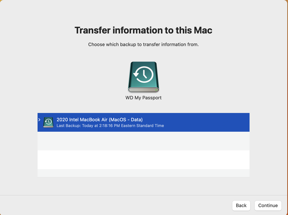 Confirm the backup you wish to use from Time Machine