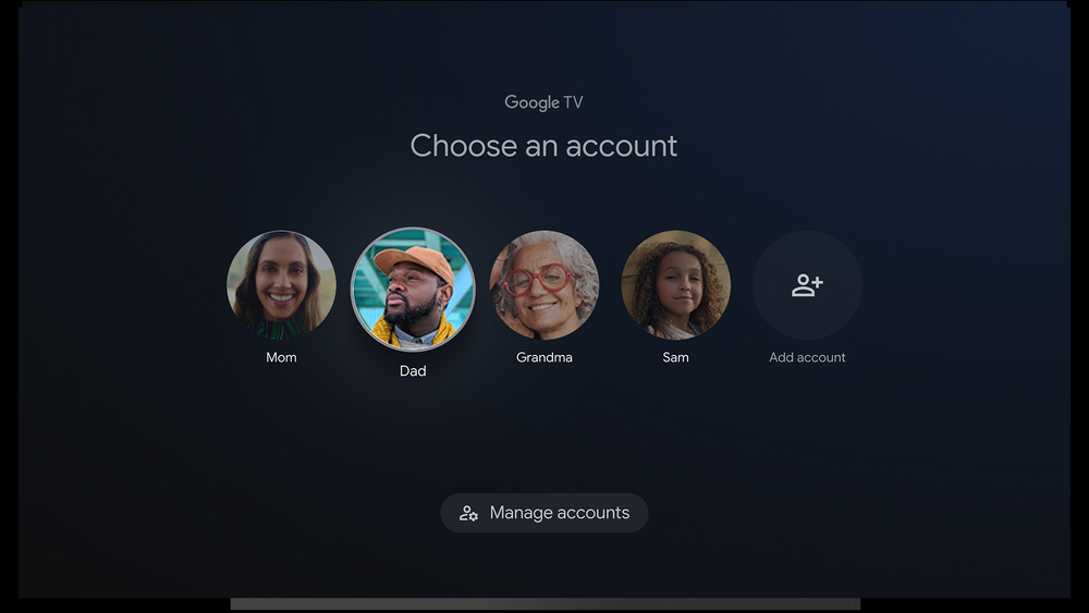 Google TV screen with profile photos and names