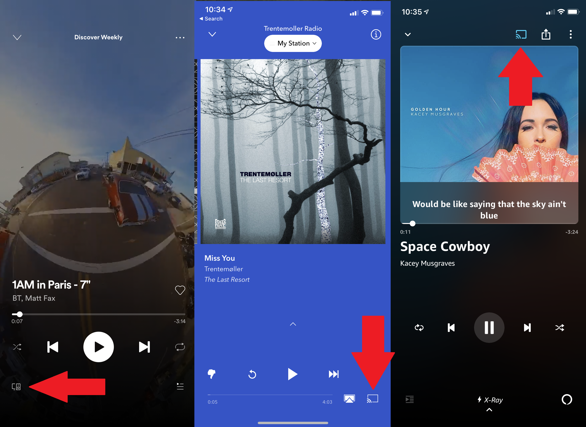 casting icon on Spotify, Pandora, and Amazon Music apps