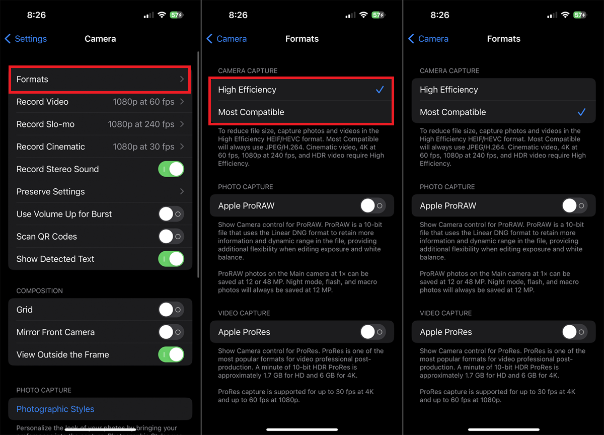 Choose HEIF/HEVC or JPG format