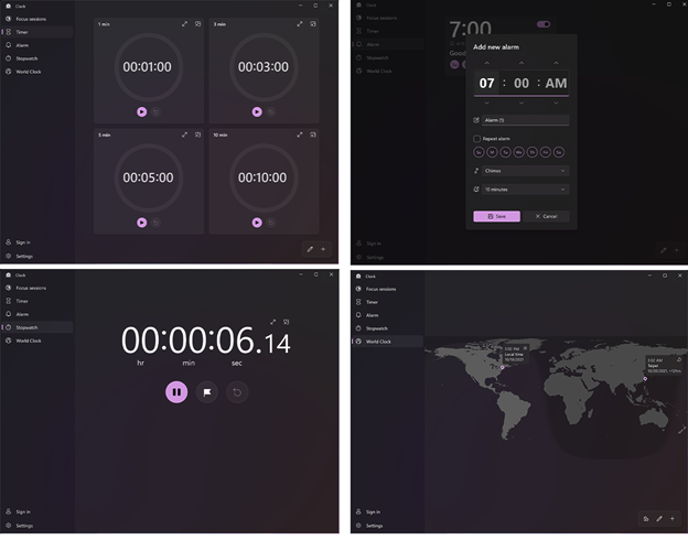 Components of Windows 11 Clock app