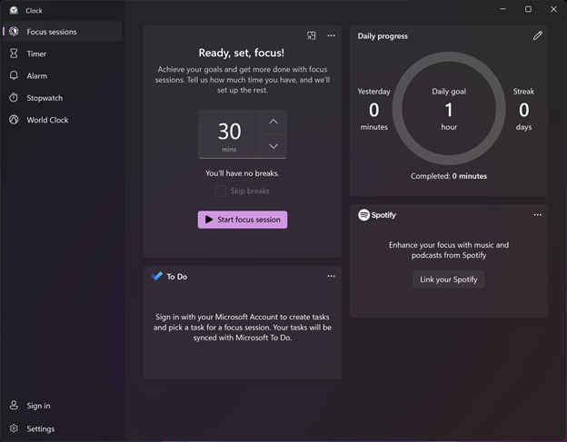 Focus Sessions panel in Windows 11 Clock panel