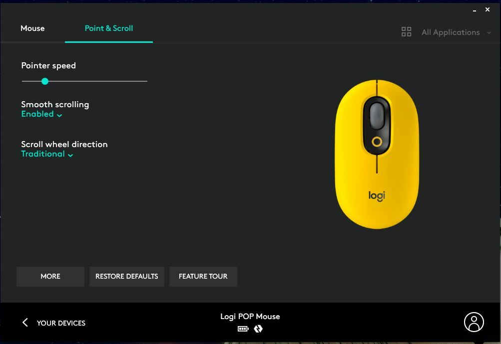 Logitech POP Mouse software options screenshot