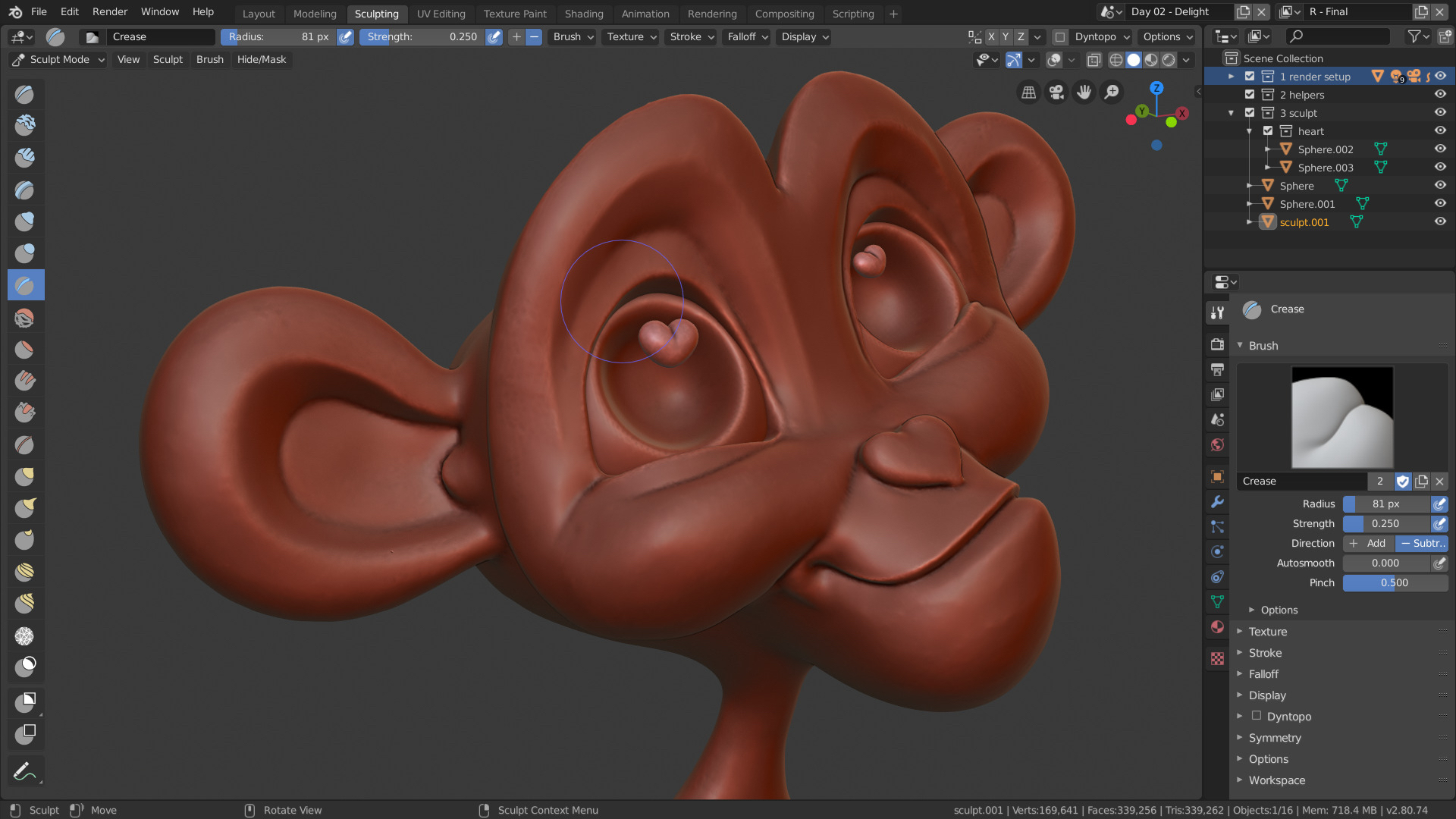 The Blender software interface showing the creating of a 3D cartoon animal face