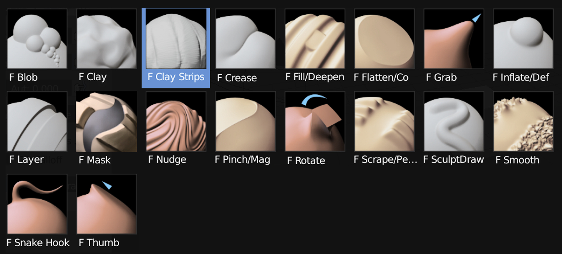 18 examples of sculpting textures in Blender shown and labeled in a grid