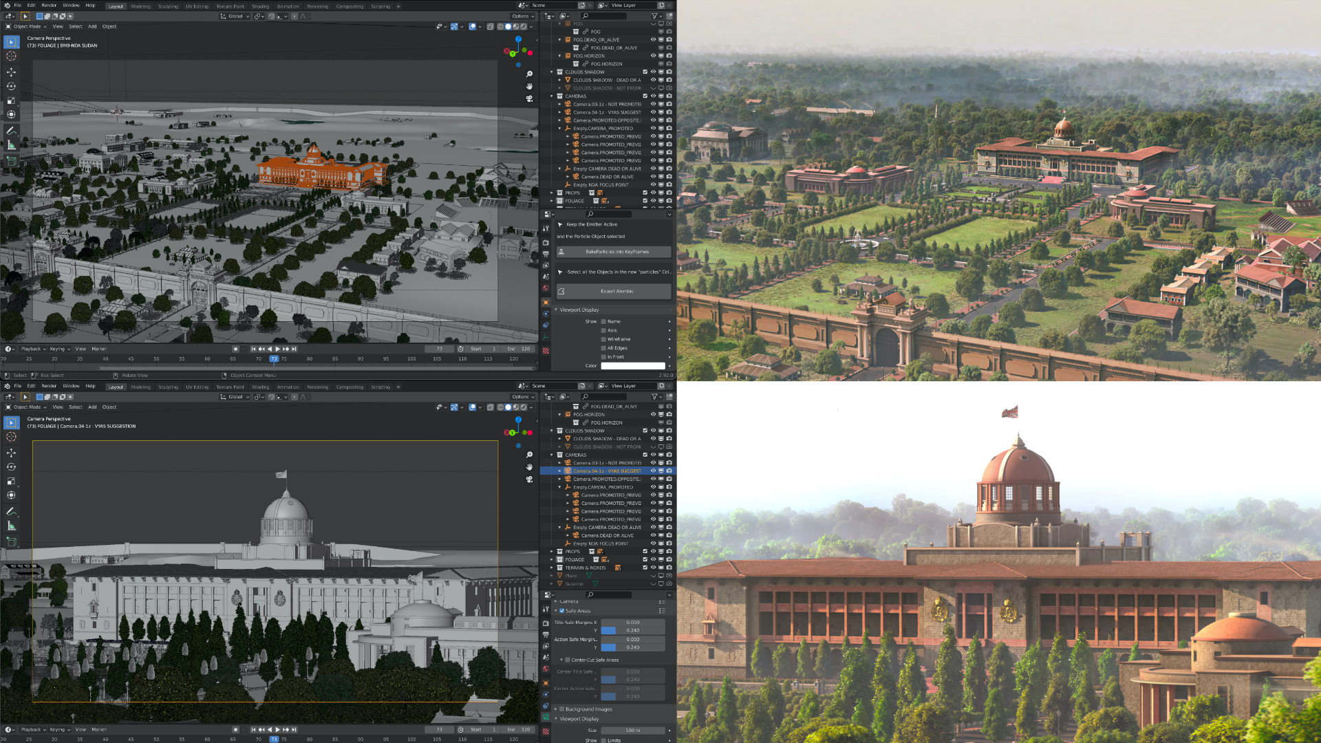 Two cityscapes modeled in Blender at left with their rendered results at right
