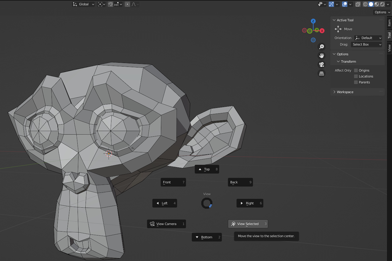 A model being sculpted in Blender with the pie menu showing options arrayed in a circle