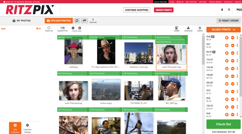 Choose photo print sizes in Ritzpix