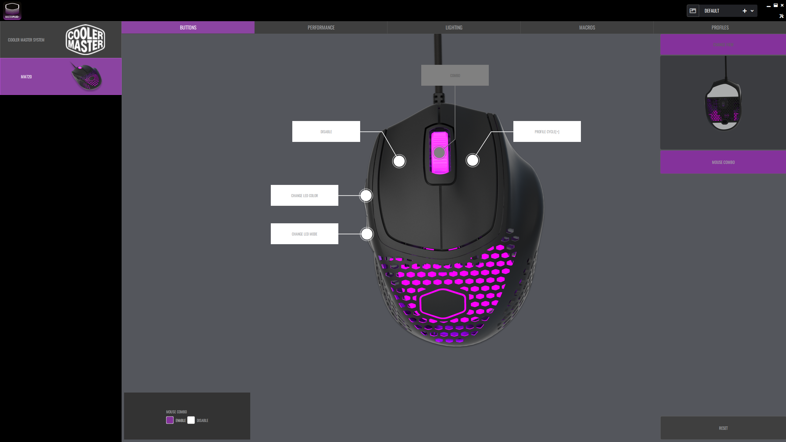MasterPlus+ app screenshot for Cooler Master MM720 Gaming Mouse