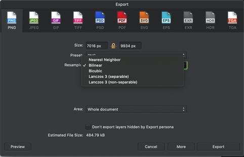 Affinity Designer Export panel