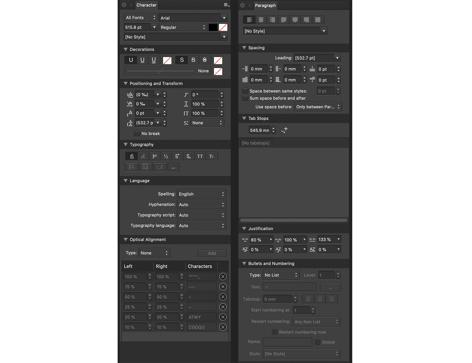 Basic typography and language settings for character and paragraph styles in Affinity Designer.