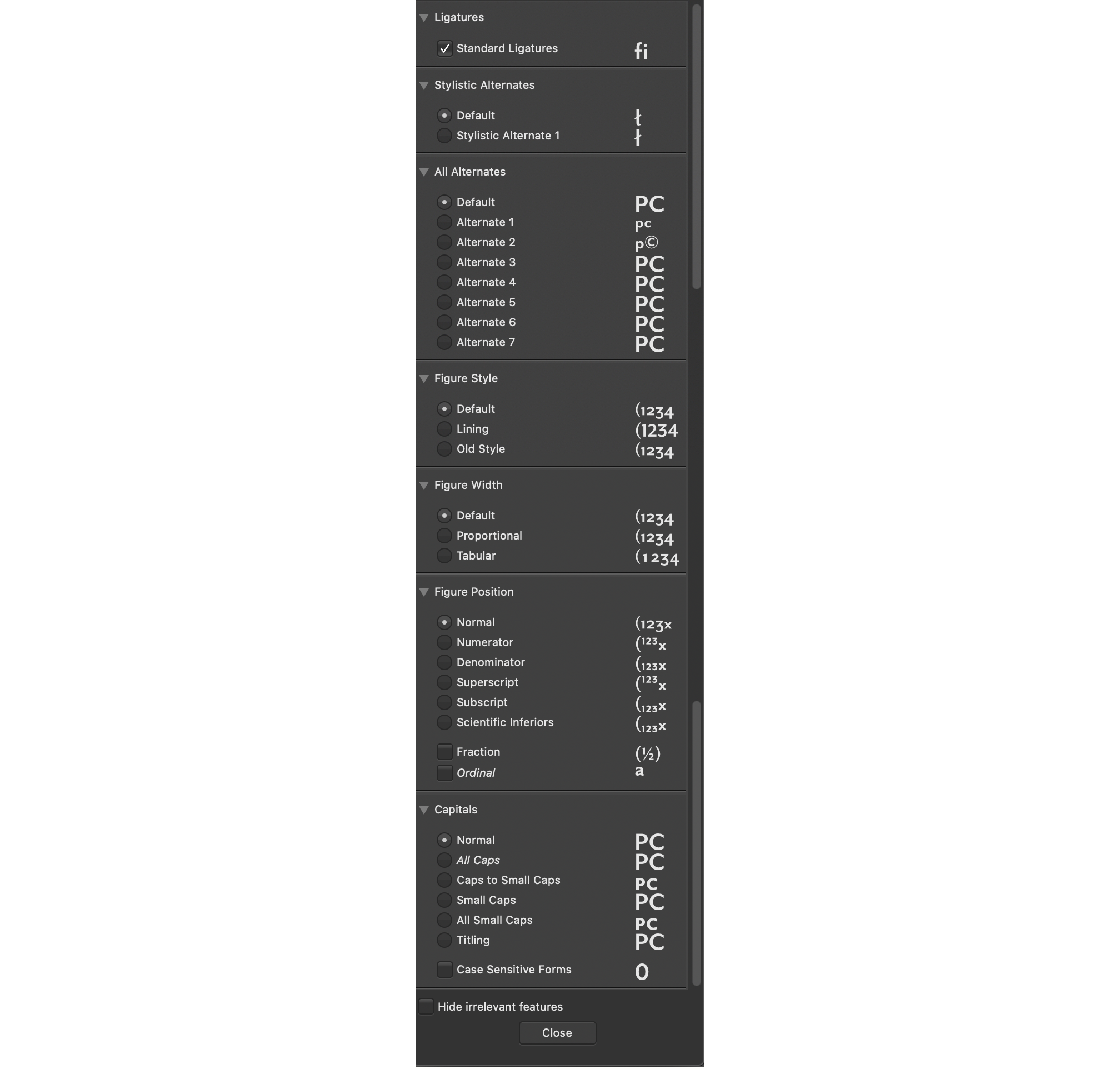 OpenType settings in the Advanced Typography panel.