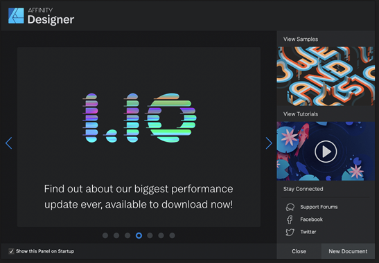 Affinity’s thoughtful launch screen encourages learning and community participation.