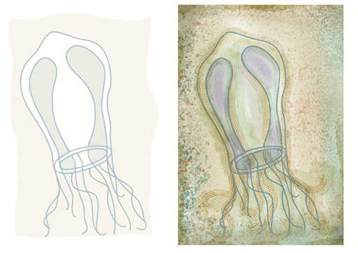 Vector image (L); texture added in-app with raster brushes (R).
