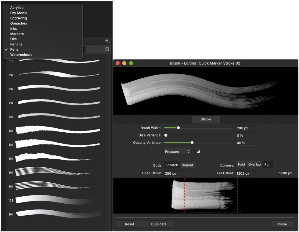 An impressive array of brushes and options come with Affinity Designer. In the Brush Controller dialog box, each brush style is fully editable and can serve as foundations for your own brush creations.