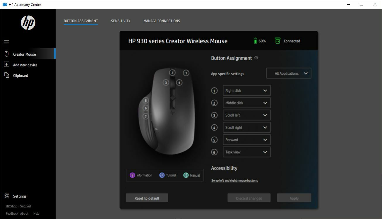HP 930 Creator Wireless Mouse button assignment settings