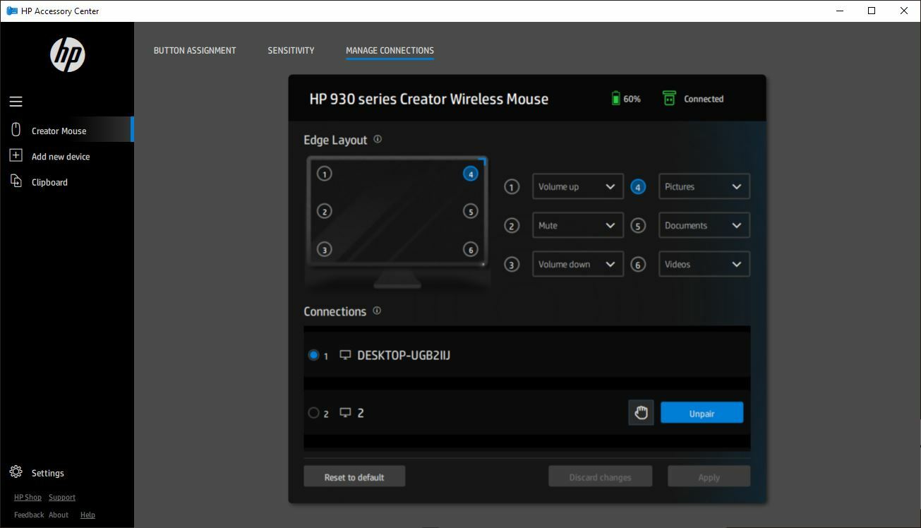 HP 930 Creator Wireless Mouse edge layout settings