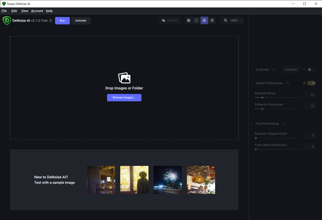 Getting started with Topaz DeNoise AI is a simple matter of drag-and-dropping image files or opening a File Explorer window to add them. (Credit: PCMag)
