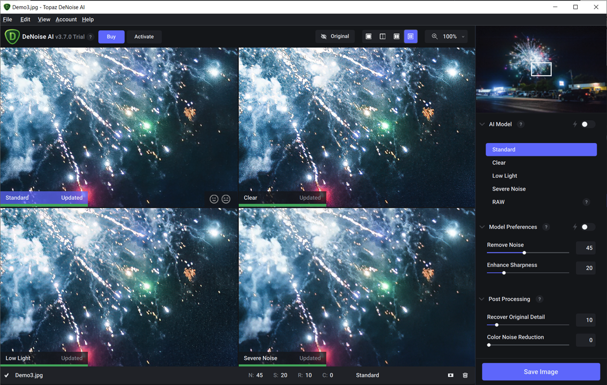 Topaz DeNoise AI lets you compare different denoising methods in a grid. (Credit: PCMag)
