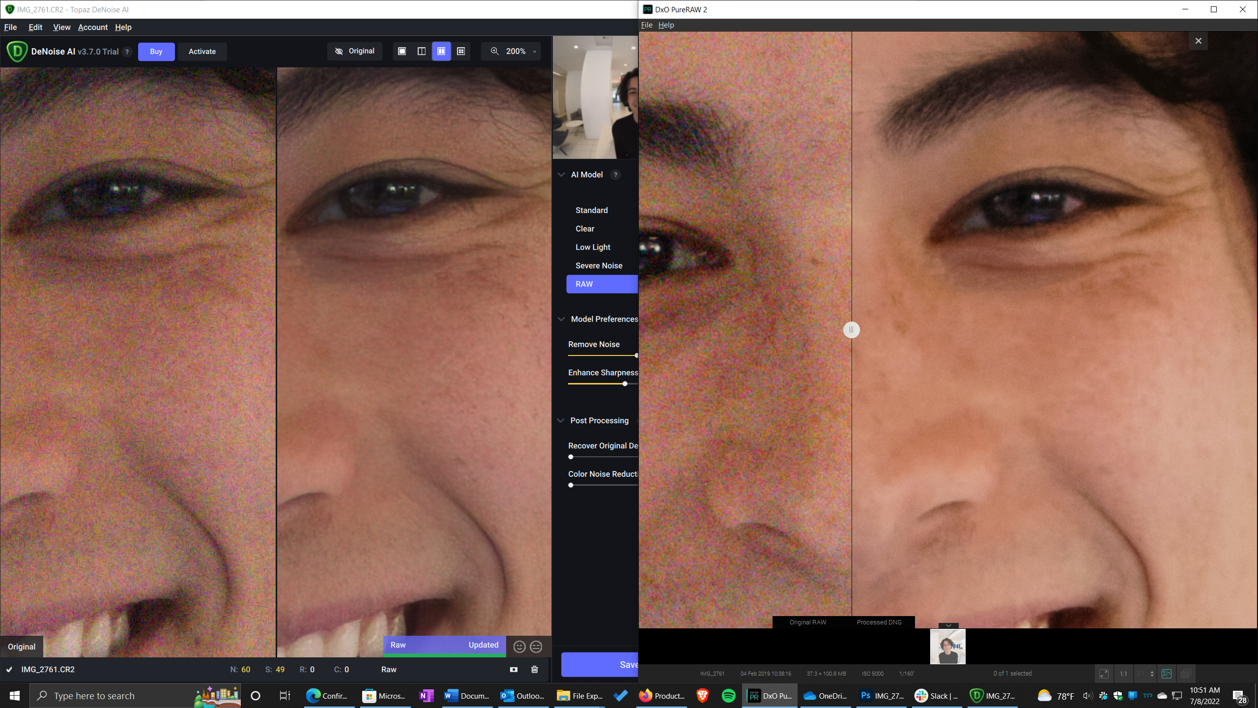 Before-and-after results using Topaz DeNoise AI on a photo and DxO PureRAW