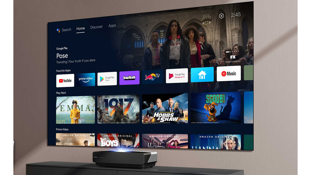 Hisense 100L5G-Cine100A projector showing integrated Android TV 