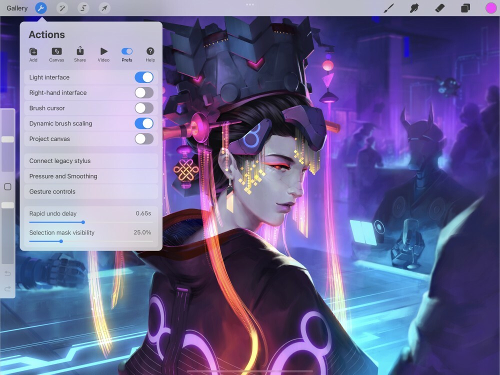 Procreate's interface; a drawing of a human figure with a menu of Action items on the left