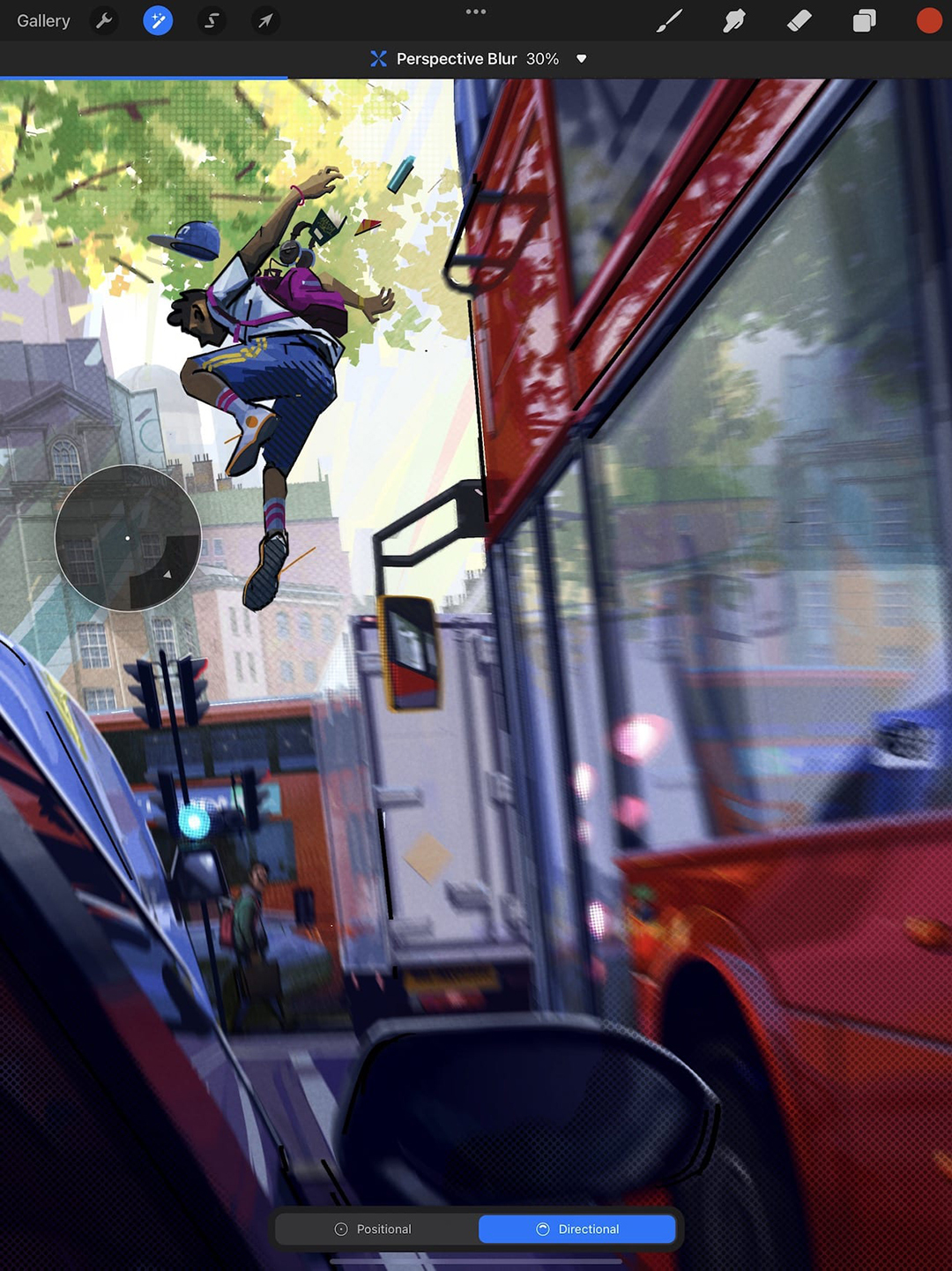 A human figure jumping from a red London bus showing Procreate's FX Blur feature