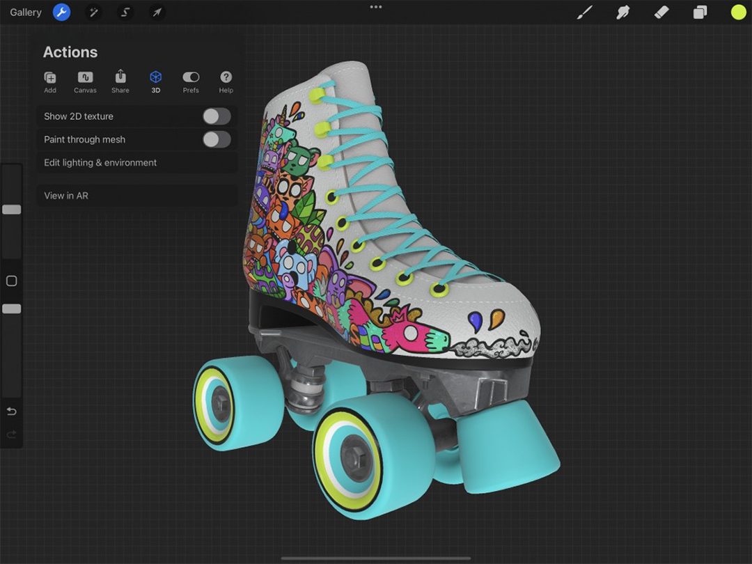 A 3D model of a roller skate in Procreate, shown with custom painting
